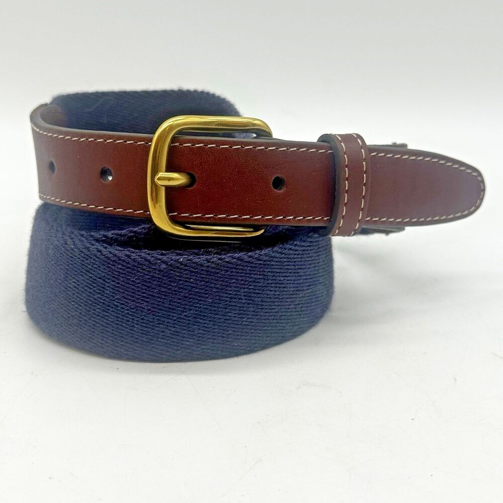 Lands' End Wool Blend Web Belt Men's 44 Navy Blue Brass Buckle Leather Trim 1.25 - Picture 2 of 9